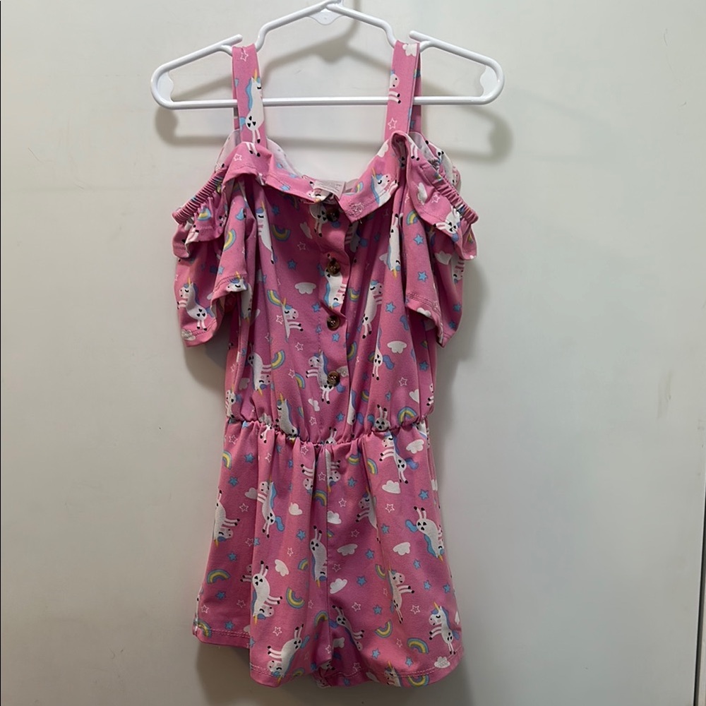 Pink Elastic Waist Soft Romper with Cold Shoulder Ruffle Details Size 5